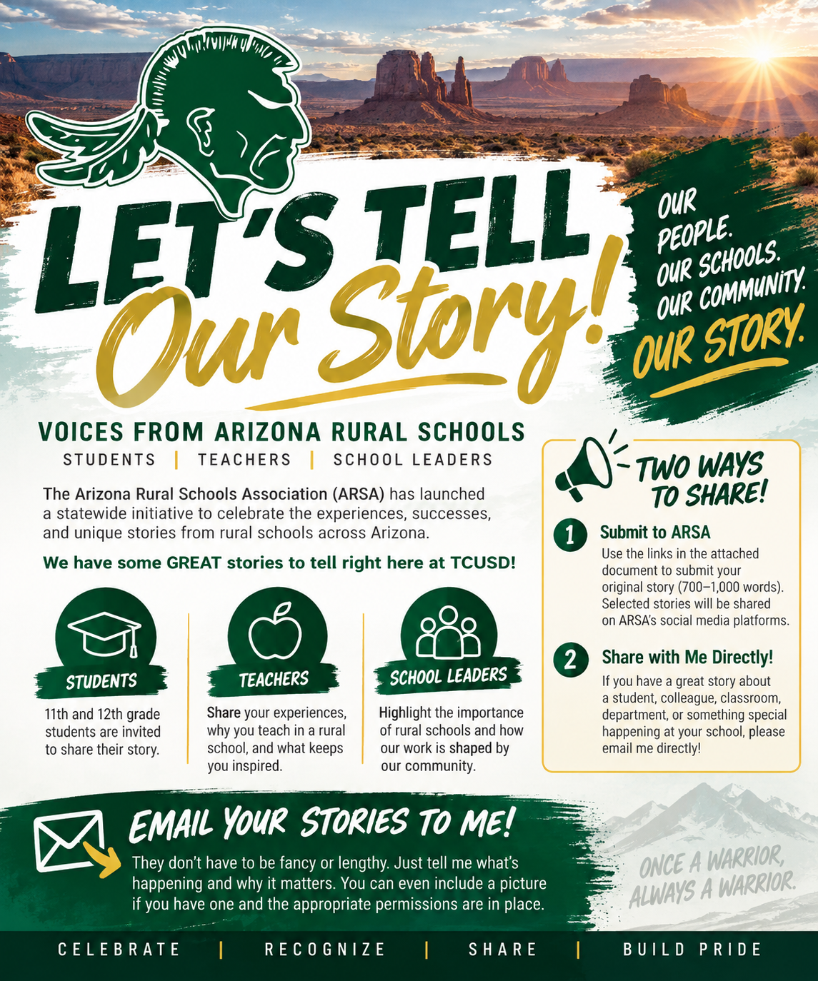 A promotional flyer titled 'Let's Tell Our Story!' featuring Arizona rural schools, students, teachers, and school leaders with submission guidelines.